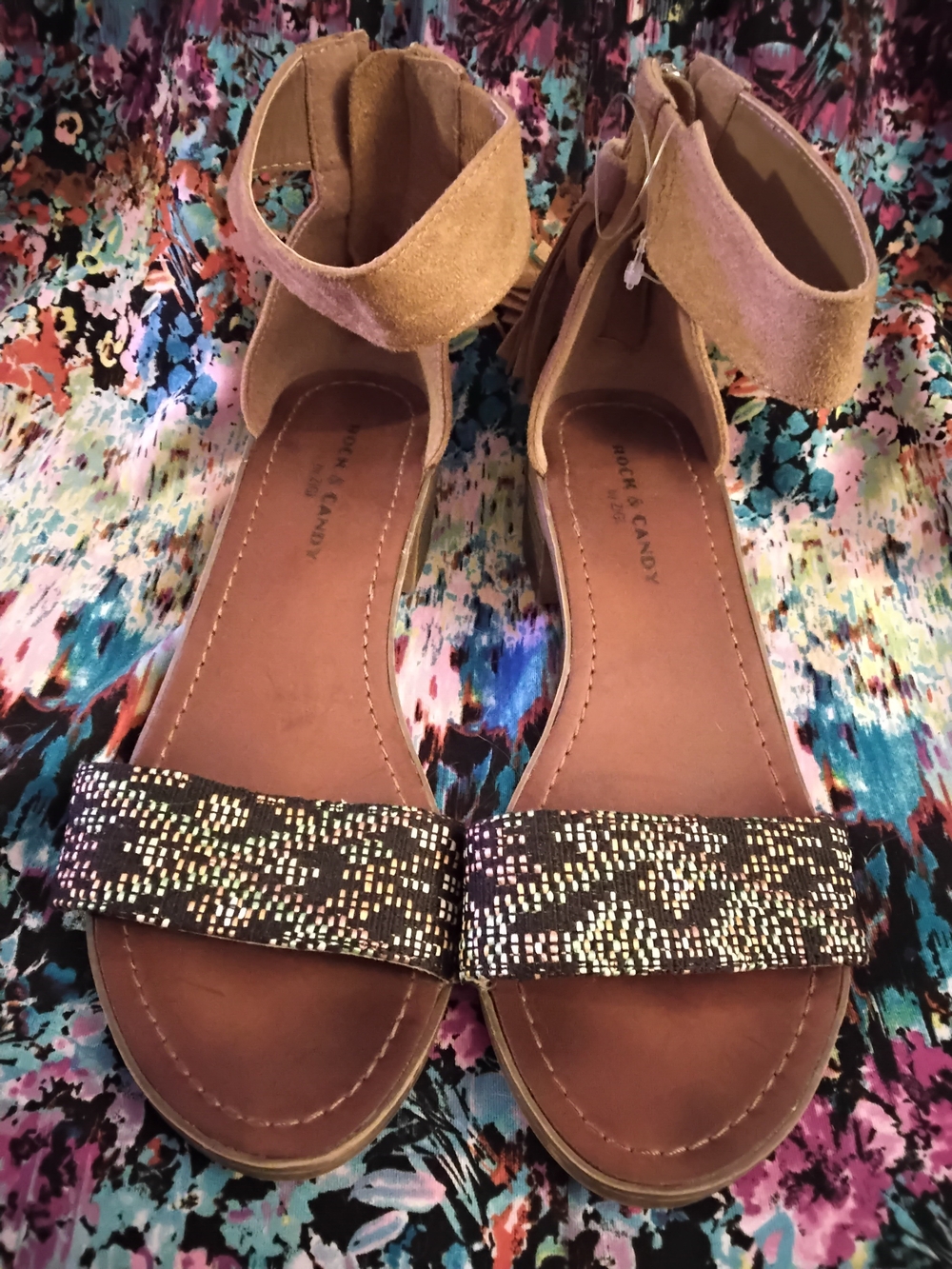 Rock & Candy Ankle Strap Sandals w/ Beaded Toe Strap Women's Size 7.5 7 1/2